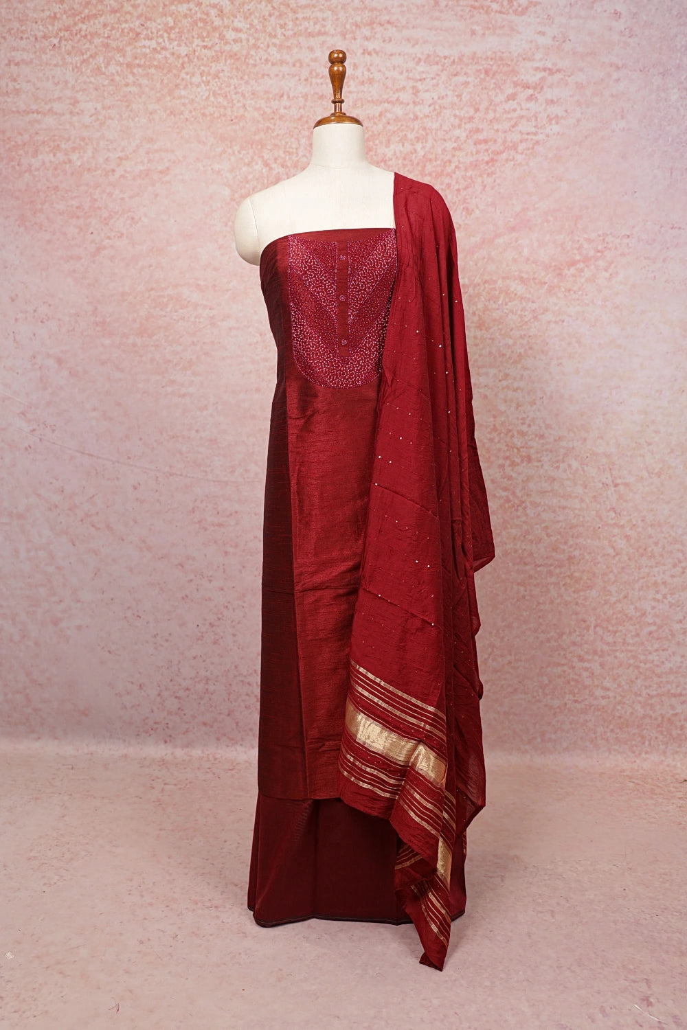 Dark Maroon Jute Beads Work Unstitched Churidhar Material