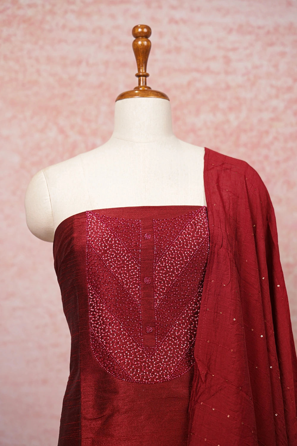 Dark Maroon Jute Beads Work Unstitched Churidhar Material