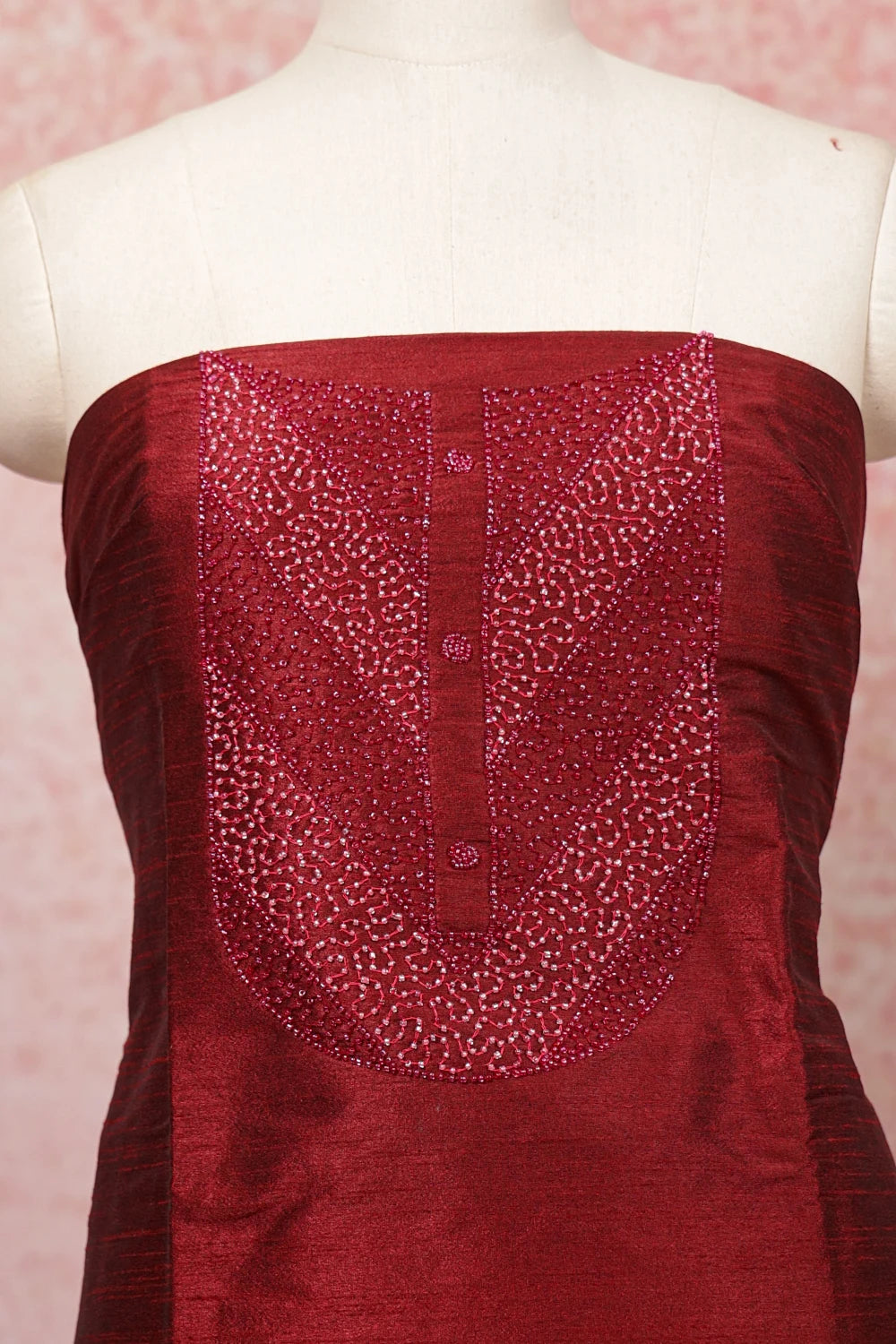 Dark Maroon Jute Beads Work Unstitched Churidhar Material