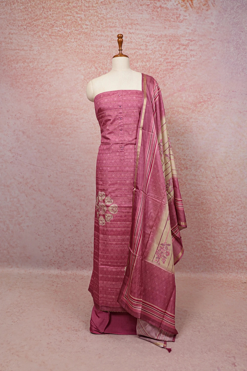 Onion Color Chanderi Printed Unstitched Churidhar Material