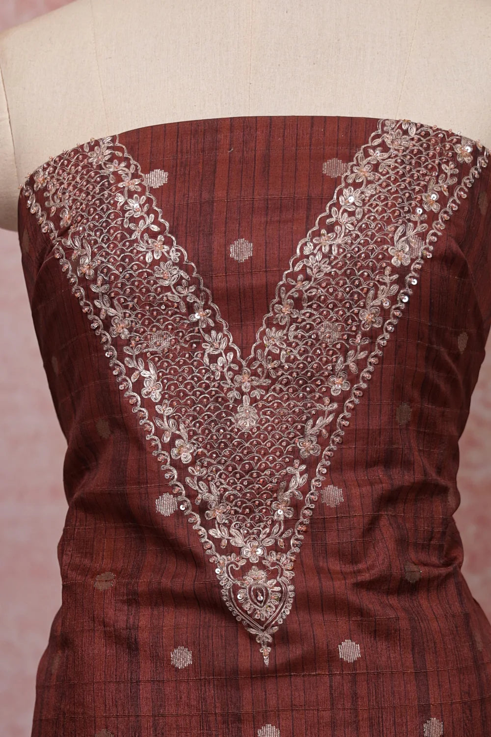Brown Chanderi Beads Work Unstitched Churidhar Material