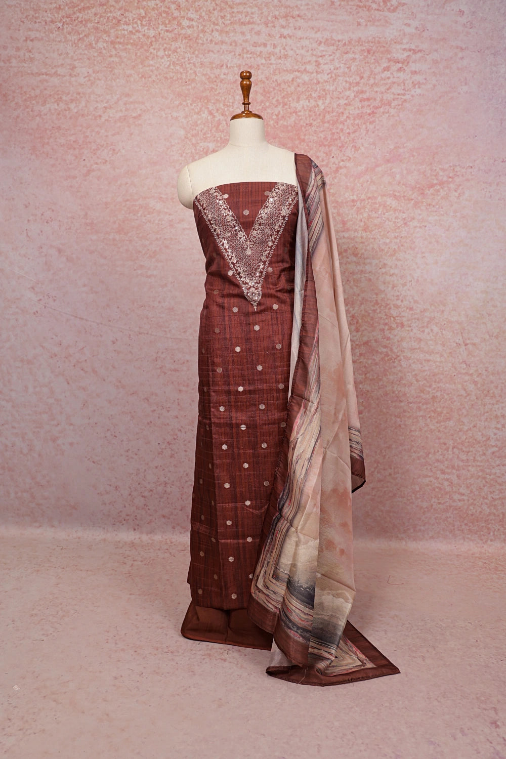 Brown Chanderi Beads Work Unstitched Churidhar Material