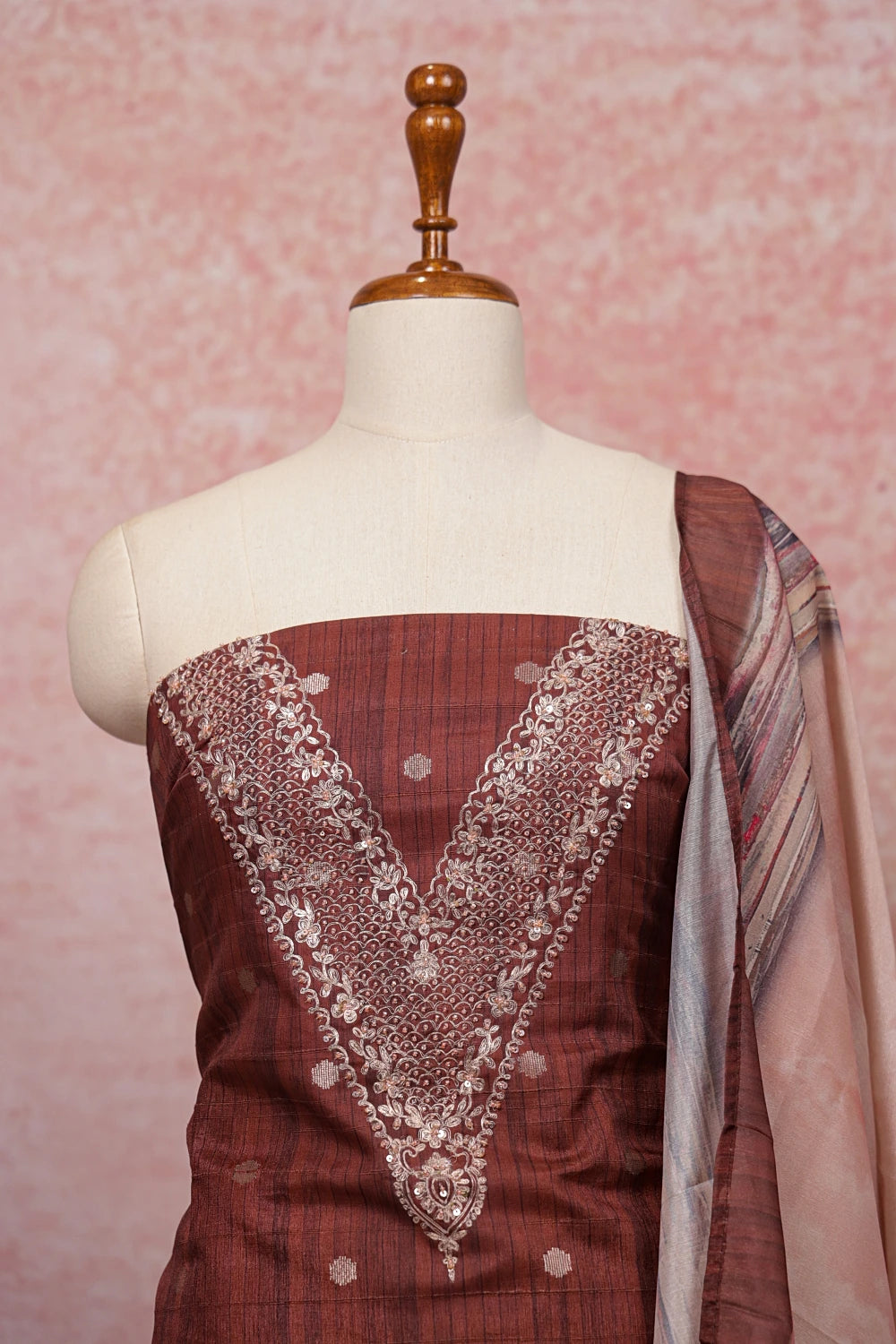 Brown Chanderi Beads Work Unstitched Churidhar Material