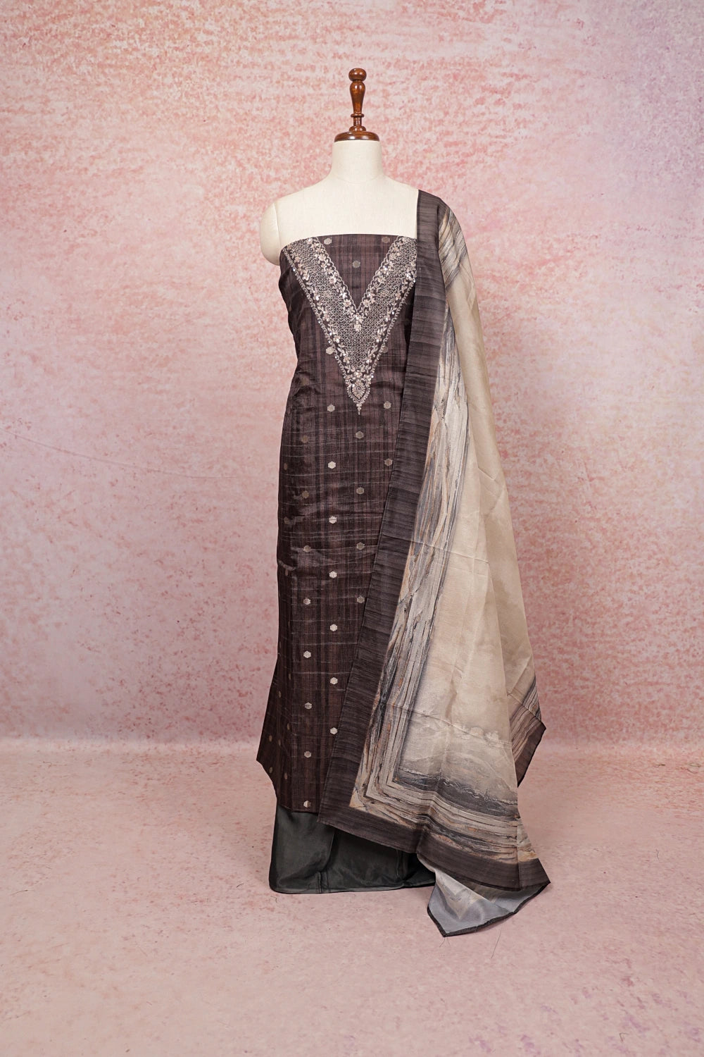 Dark Grey Chanderi Beads Work Unstitched Churidhar Material