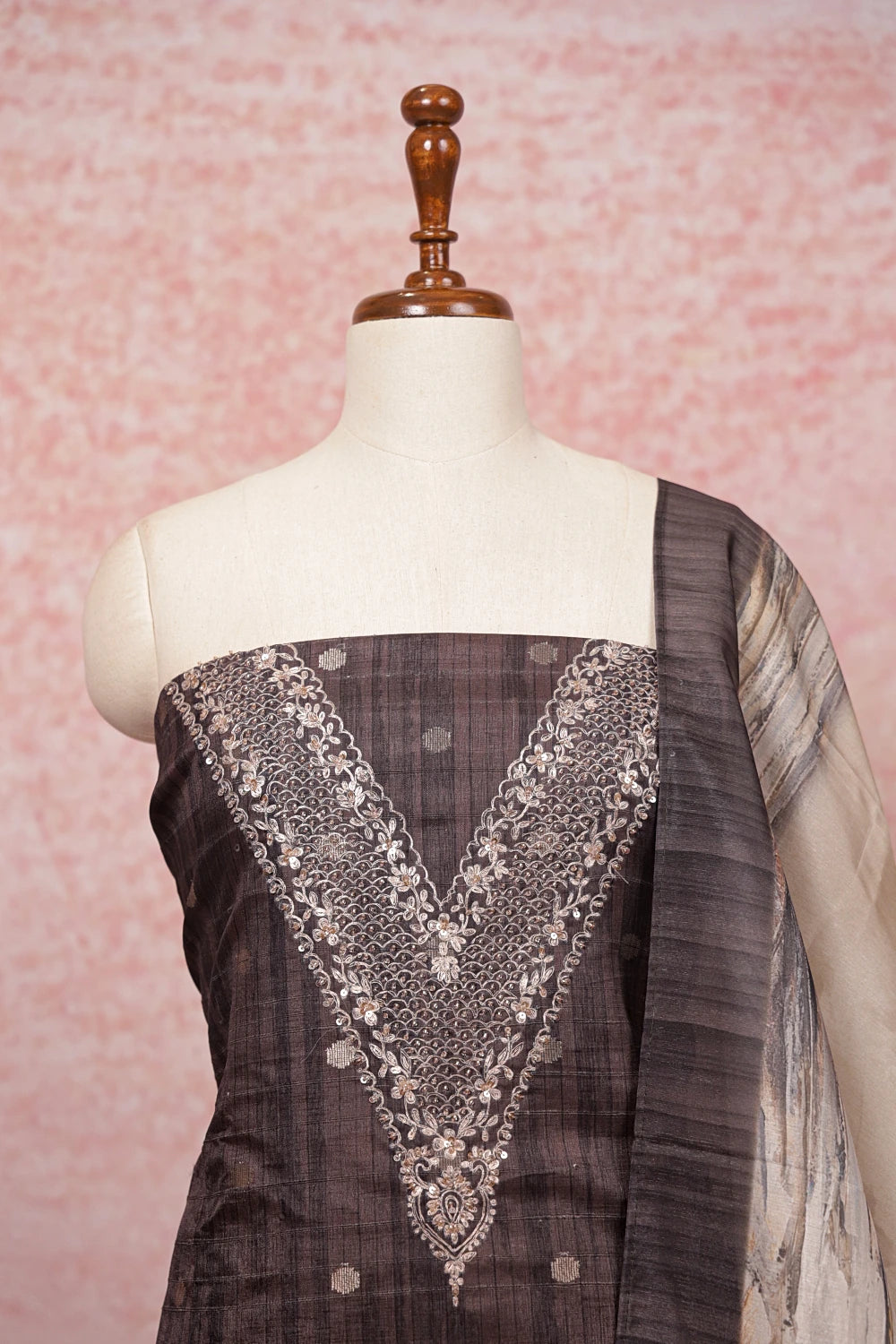 Dark Grey Chanderi Beads Work Unstitched Churidhar Material