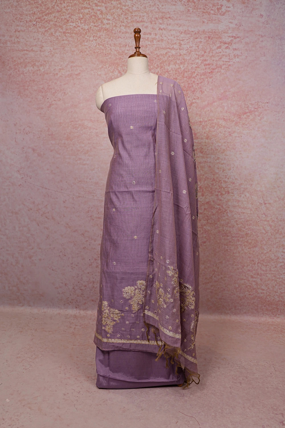 Lavender Chanderi Silk Thread Work  Unstitched Churidhar Material