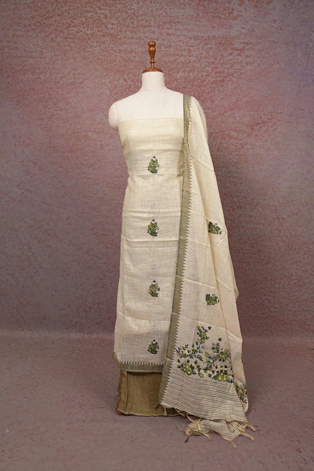 Cream  Linen Hand Work Unstitched Churidhar Material