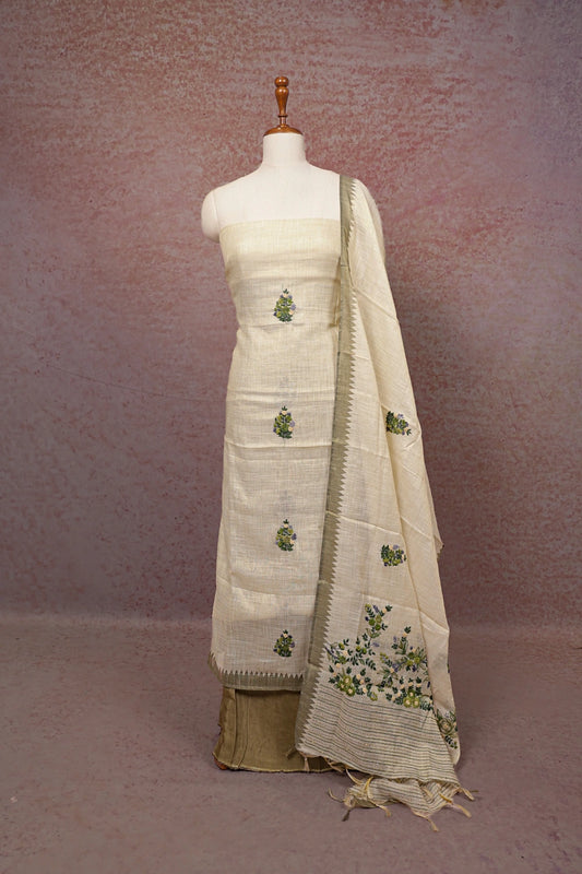 Cream  Linen Hand Work Unstitched Churidhar Material