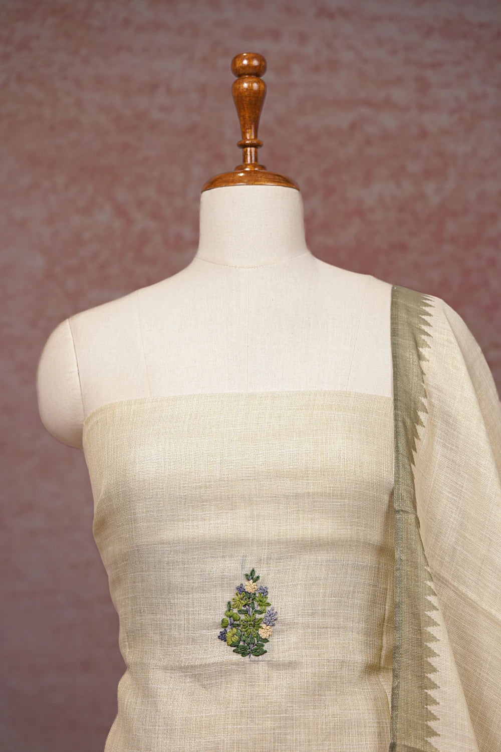 Cream  Linen Hand Work Unstitched Churidhar Material