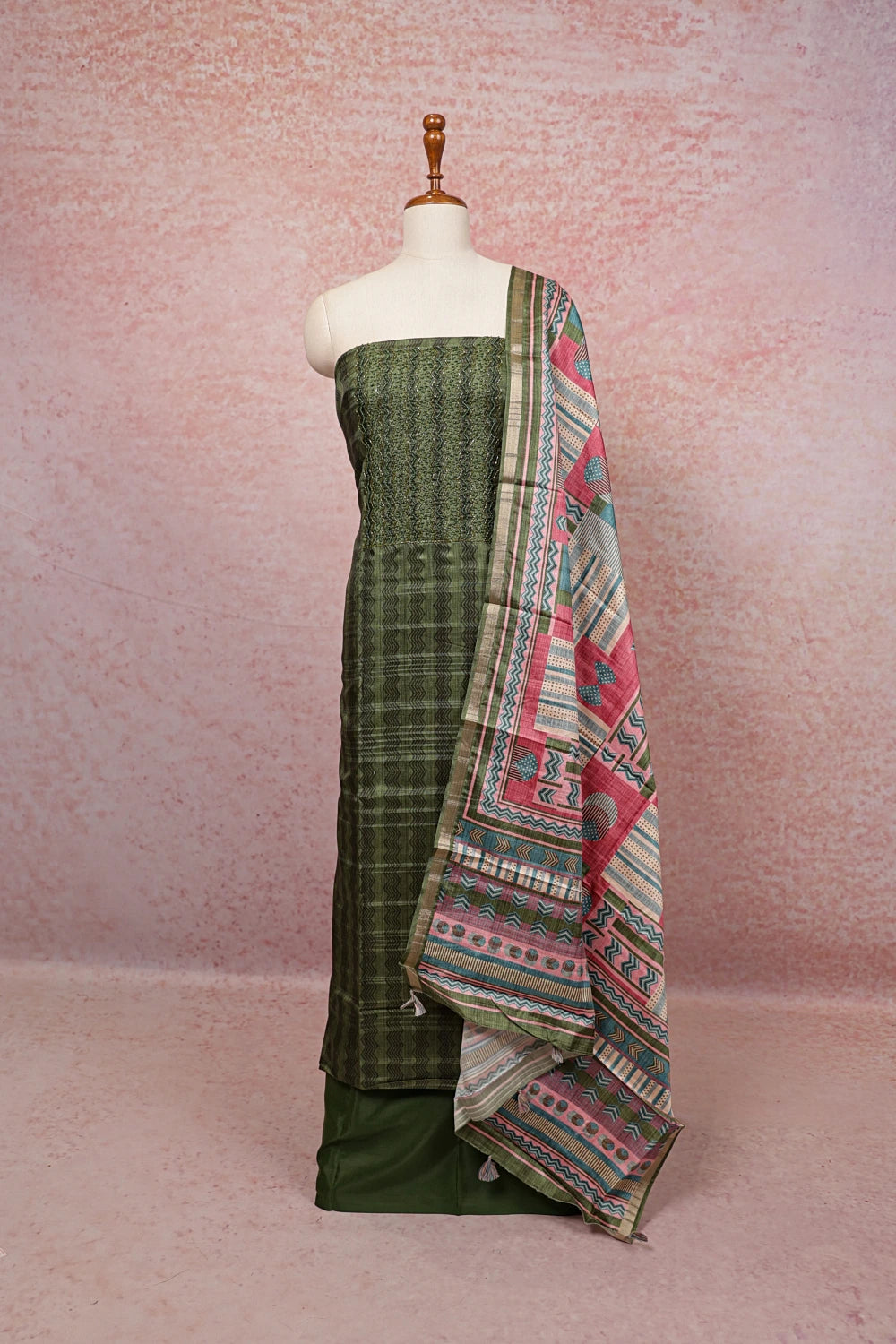 Green Semi Silk Beads Work Unstitched Churidhar Material
