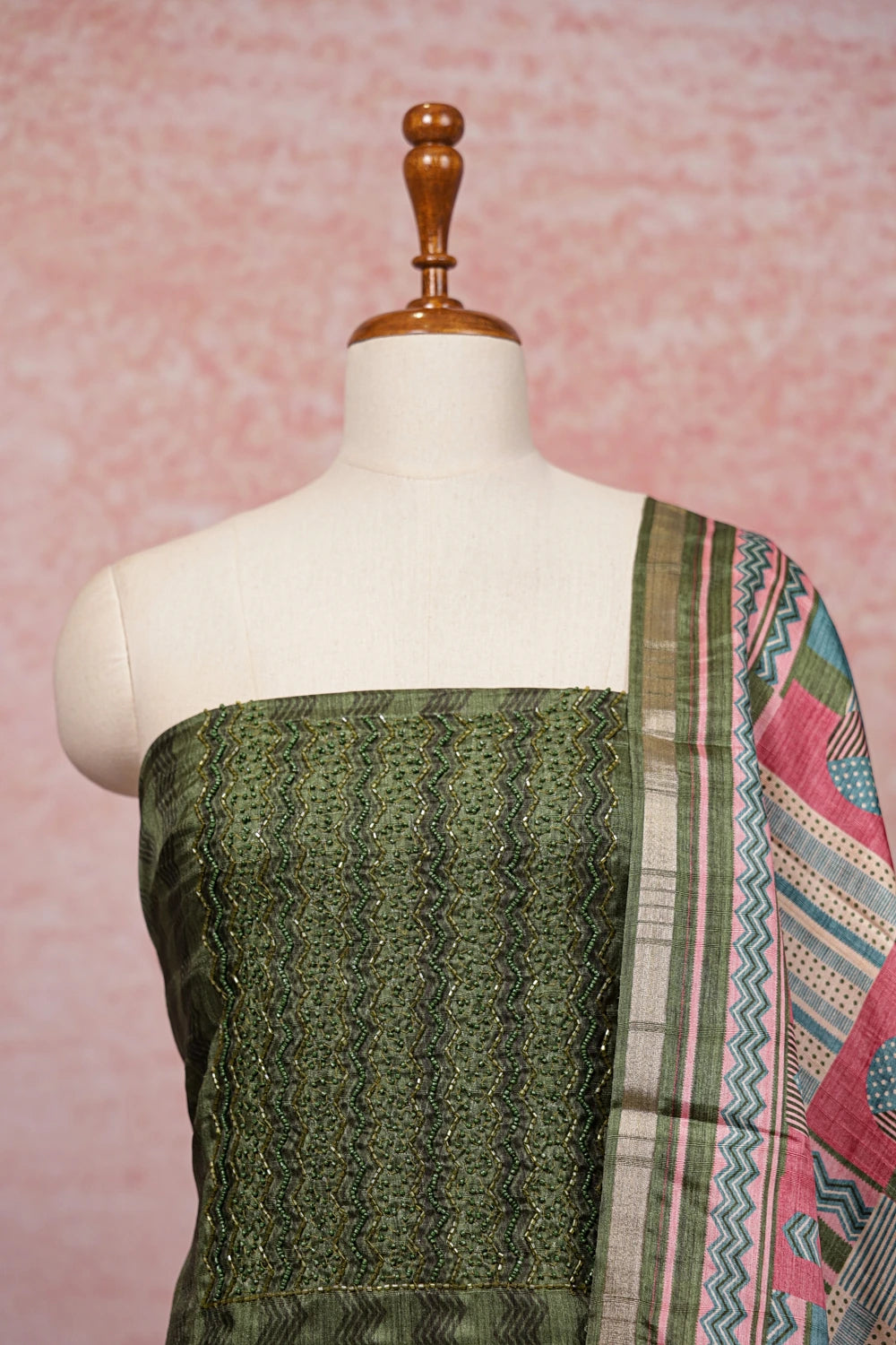 Green Semi Silk Beads Work Unstitched Churidhar Material