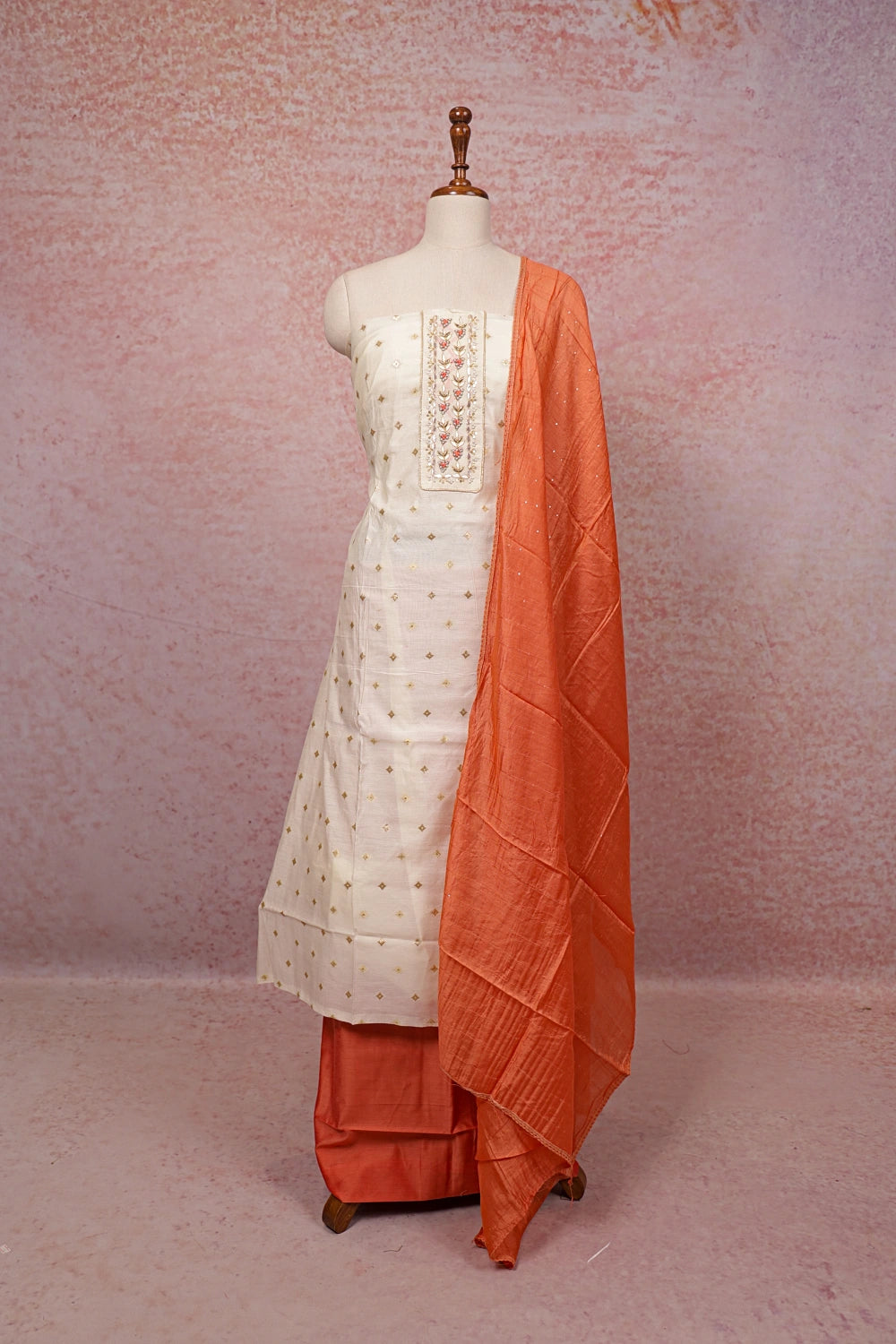Cream Cotton Silk Butta Unstitched Churidhar Material