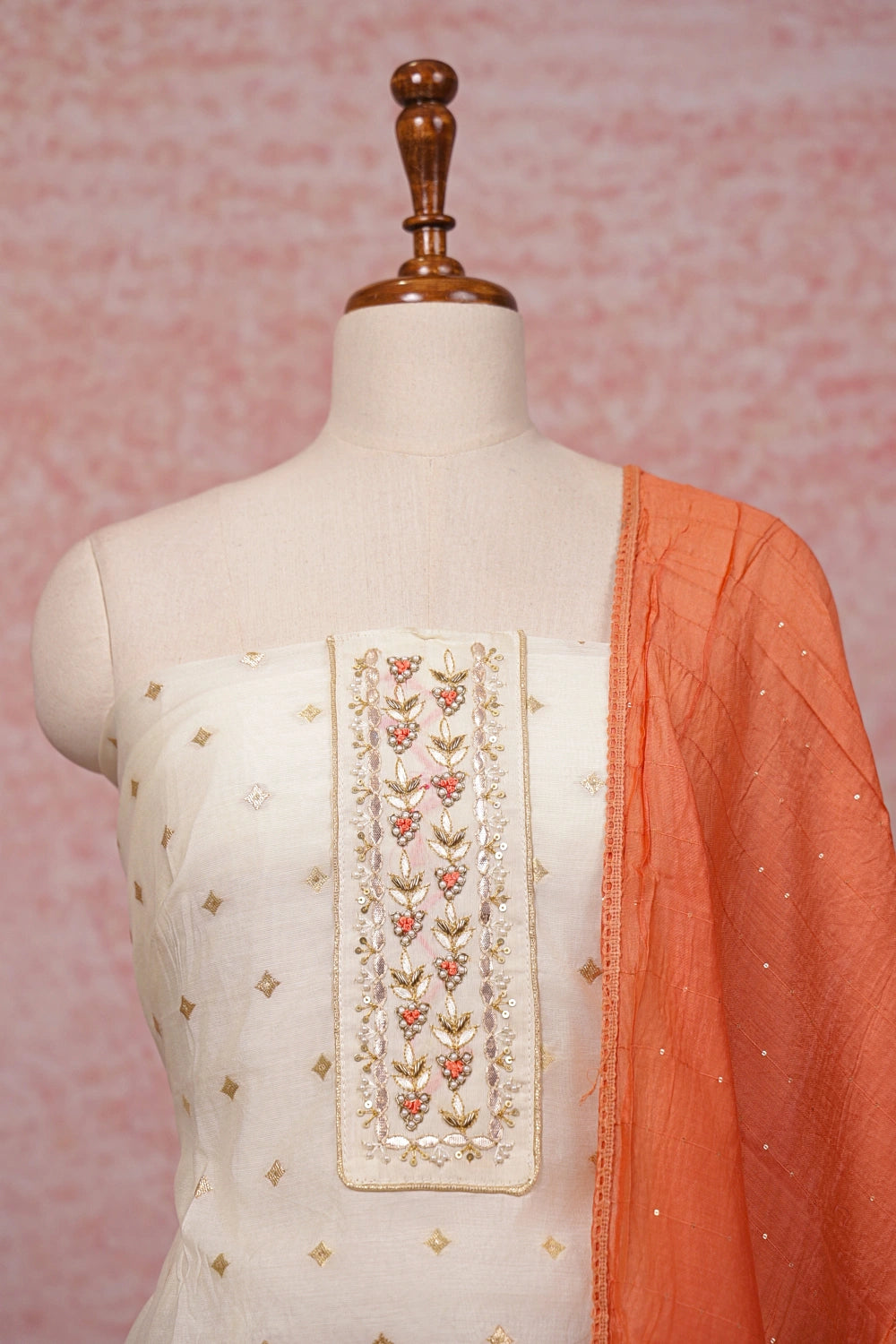 Cream Cotton Silk Butta Unstitched Churidhar Material