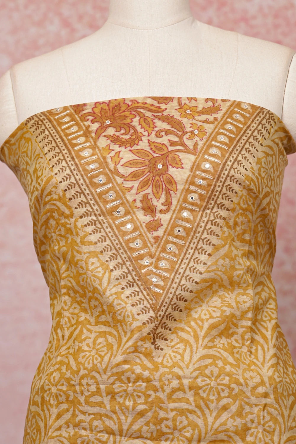Mustard Yellow Semi Silk Printed Unstitched Churidhar Material