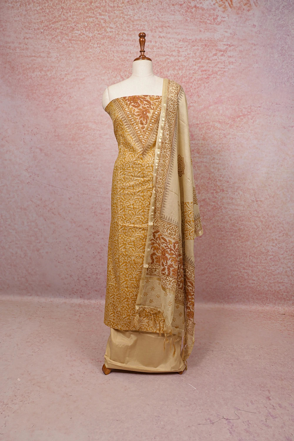 Mustard Yellow Semi Silk Printed Unstitched Churidhar Material