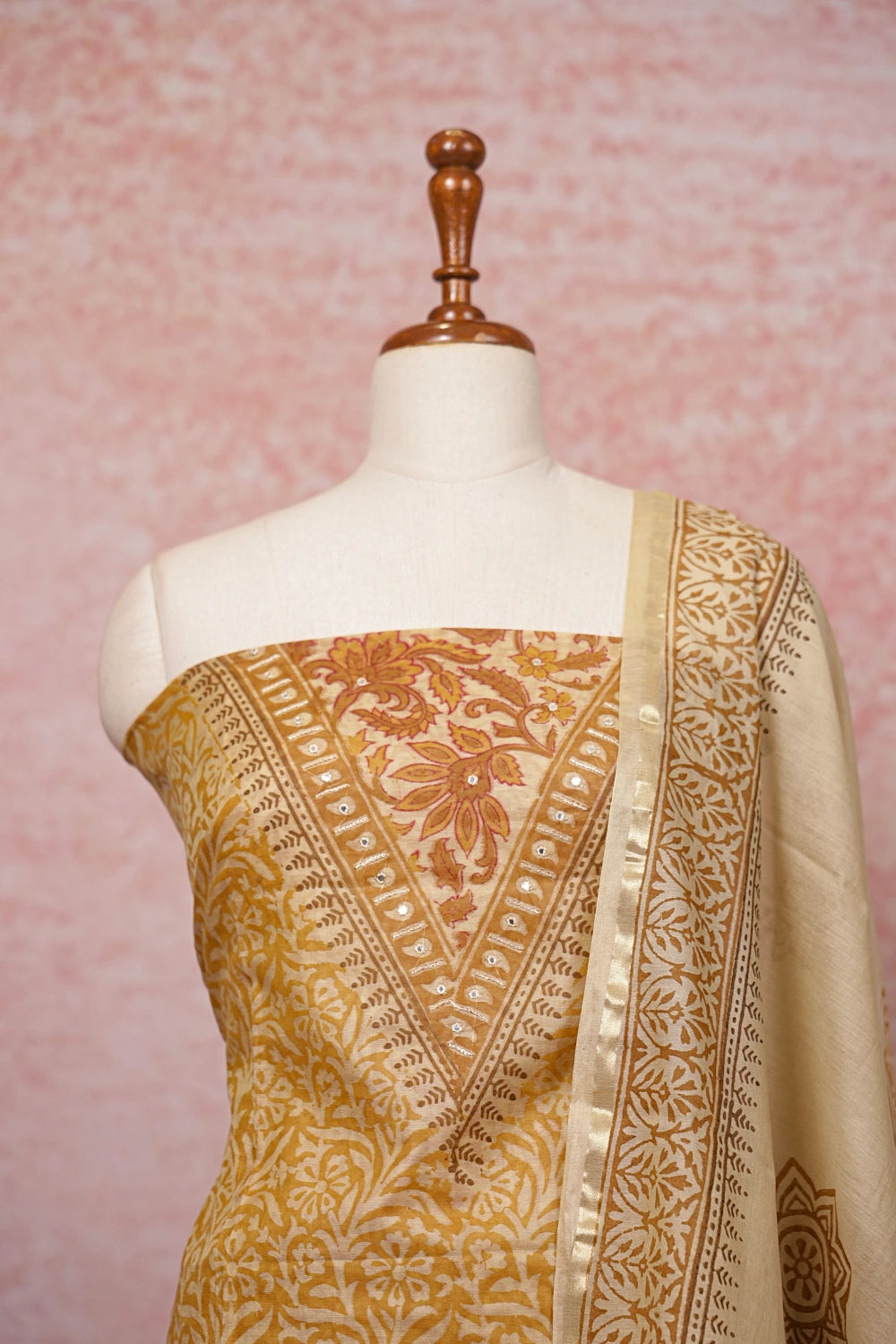 Mustard Yellow Semi Silk Printed Unstitched Churidhar Material