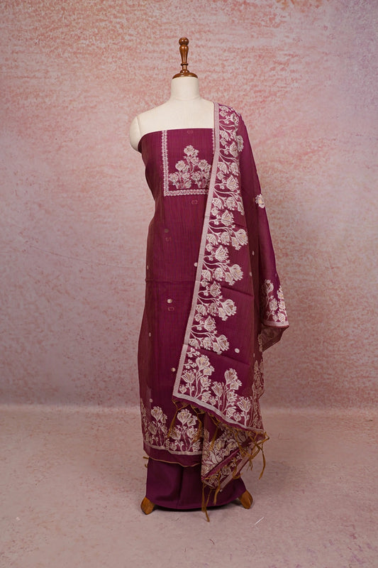 Grape Color Chanderi Printed Unstitched Churidhar Material - Seematti