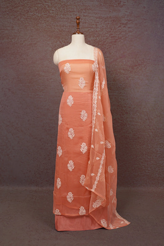 Peach Crush Organza Thread Work Unstitched Chuiridhar Material