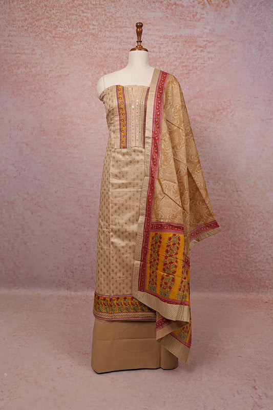 Beige Cotton Silk Printed Unstitched Churidhar Material