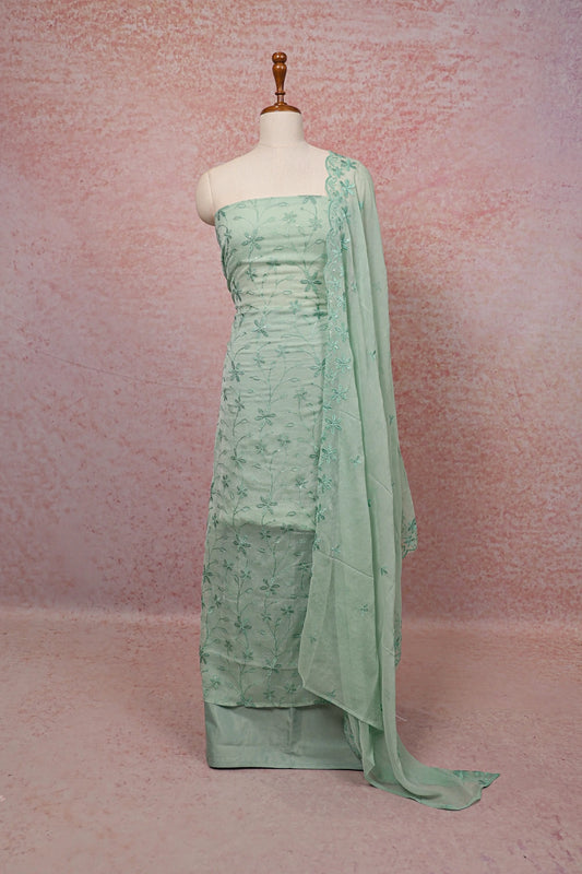 Light Green Crush Organza Thread Work Unstitched Churidhar Material