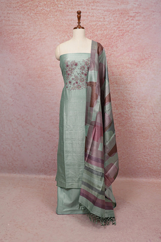Sea Green Semi Silk Hand Work Unstitched Churidhar Material