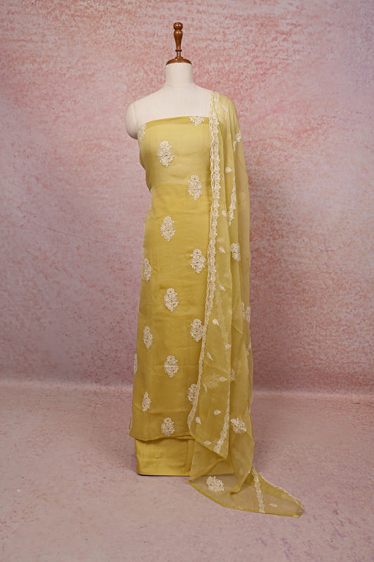 Lemon Yellow Crush Organza Thread Work Unstitched Churidhar Material