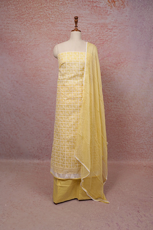 Yellow Net Kota Hakoba Work Unstitched Churidhar Material