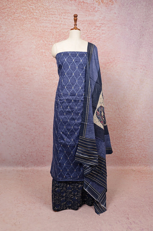Blue Cotton Thread Work Unstitched Churidhar Material