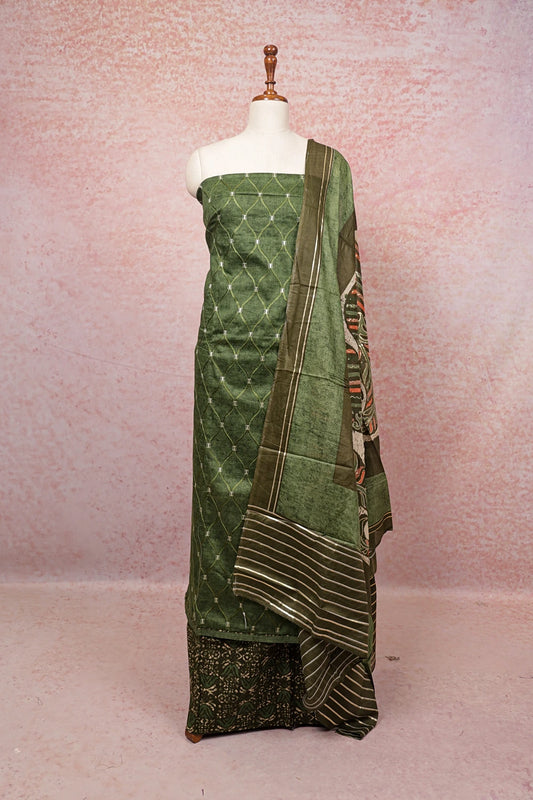 Green Soft Cotton Thread Work Unstitched Churidhar Material