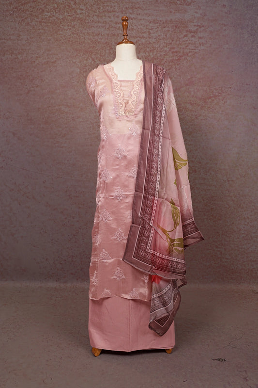 Baby Pink Crush Organza Cutt Work Unstitched Churidhar Material