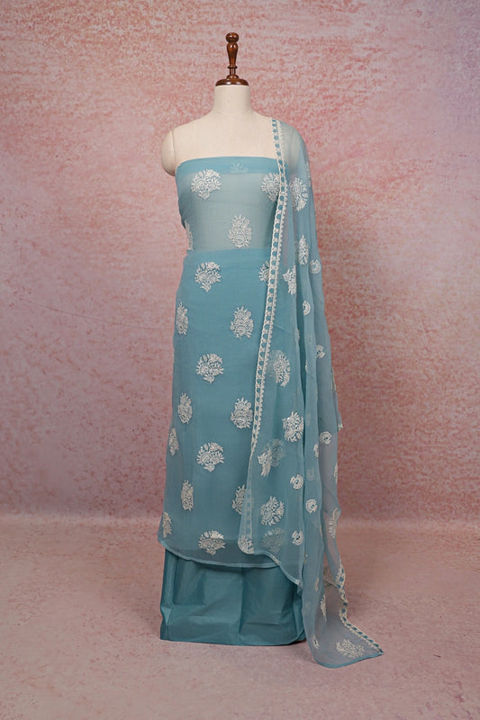 Blue Crush Organza Thread Work Unstitched Churidhar Material
