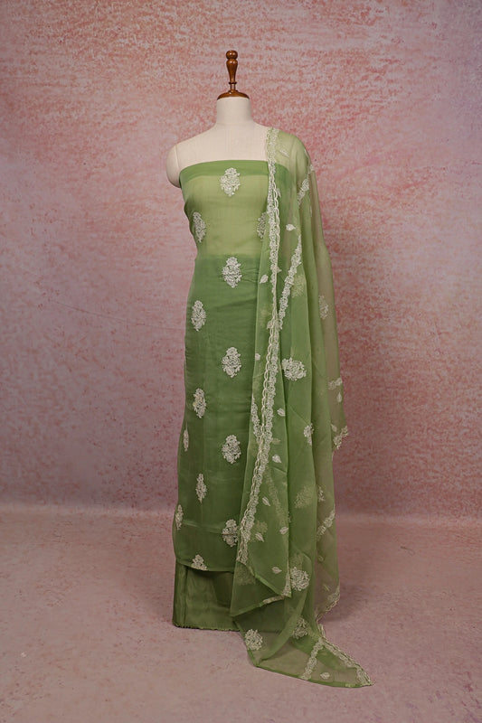 Light Olive Green Crush Organza Thread Work Unstitched Material