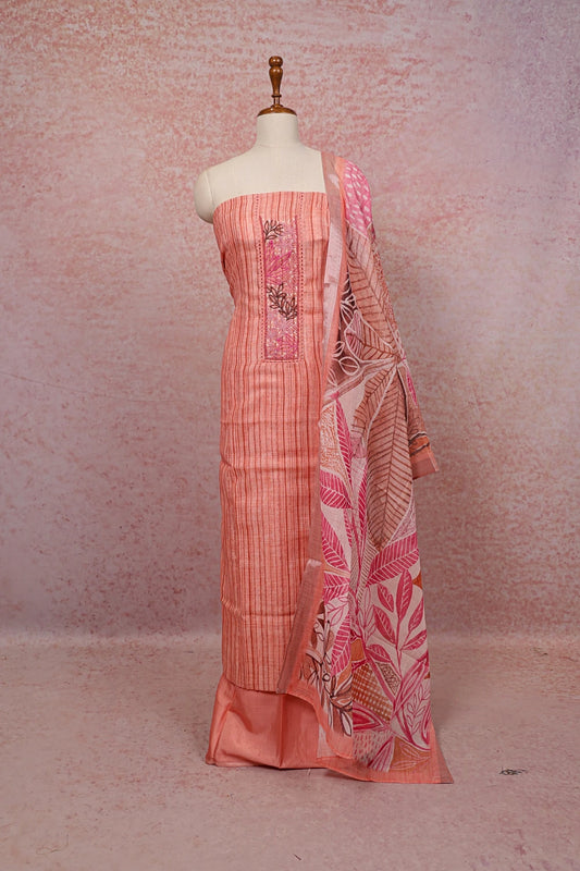 Orange Linen Beads Work Unstitched Churidhar Material