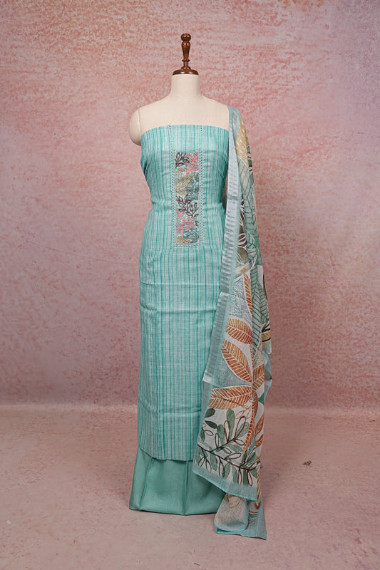 Blue Linen Beads Work Unstitched Churidhar Material