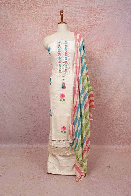 Off White Linen Printed Unstitched Churidahar Material