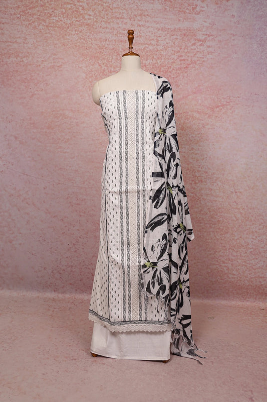 White Cotton Printed Unstitched Churidhar Material
