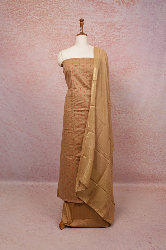 Cream Beige Chanderi Thread Work Unstitched Churidhar Material