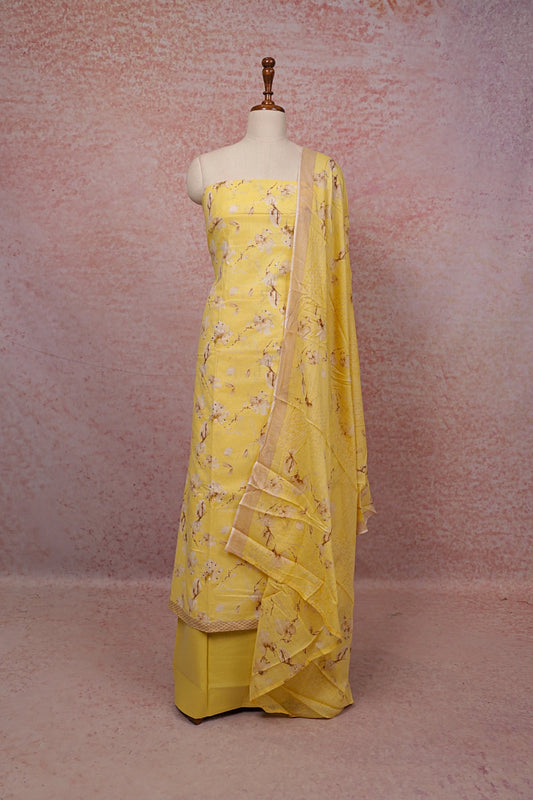 Yellow Soft Cotton Floral Printed Unstitched Churidhar Material