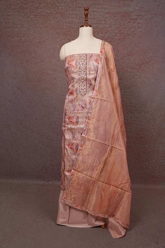 Rose Gold Chanderi Printed Unstitched Churidhar Material