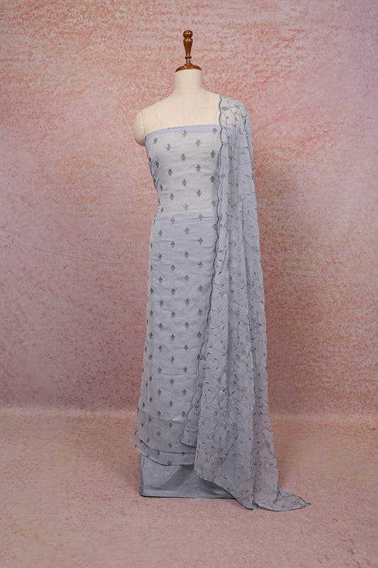 Greyish Blue Crush Organza Thread Work Unstitched Churidhar Material