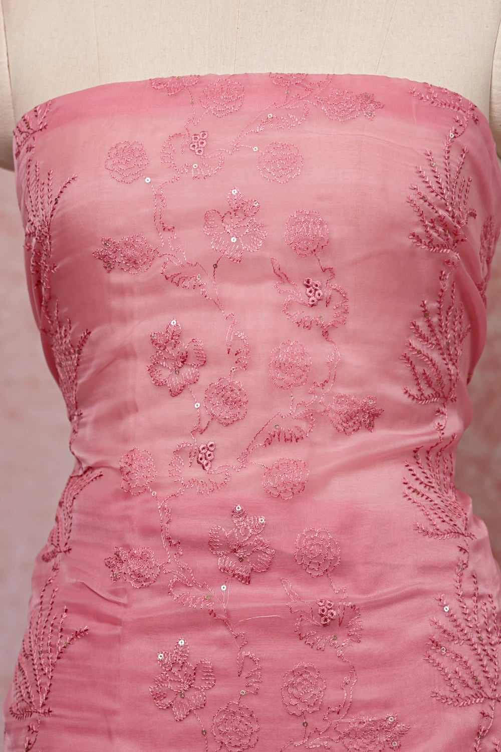 Pink Crush Organza Thread Work  Unstitched Churidhar Material