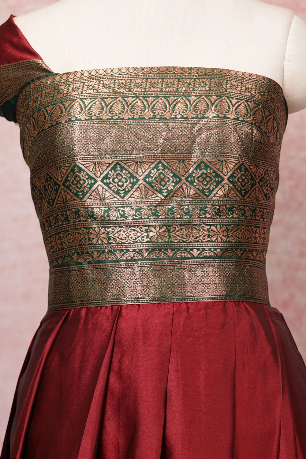 Maroon And Green Semi Silk Dhavani Set