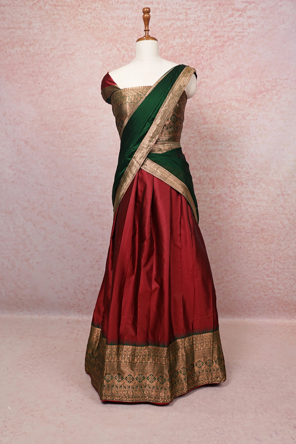 Maroon And Green Semi Silk Dhavani Set