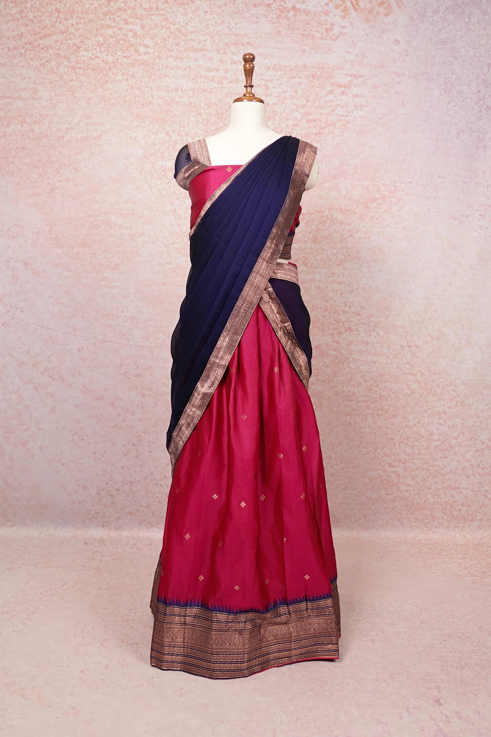 Magenta And Blue Semi Silk Dhavani Set
