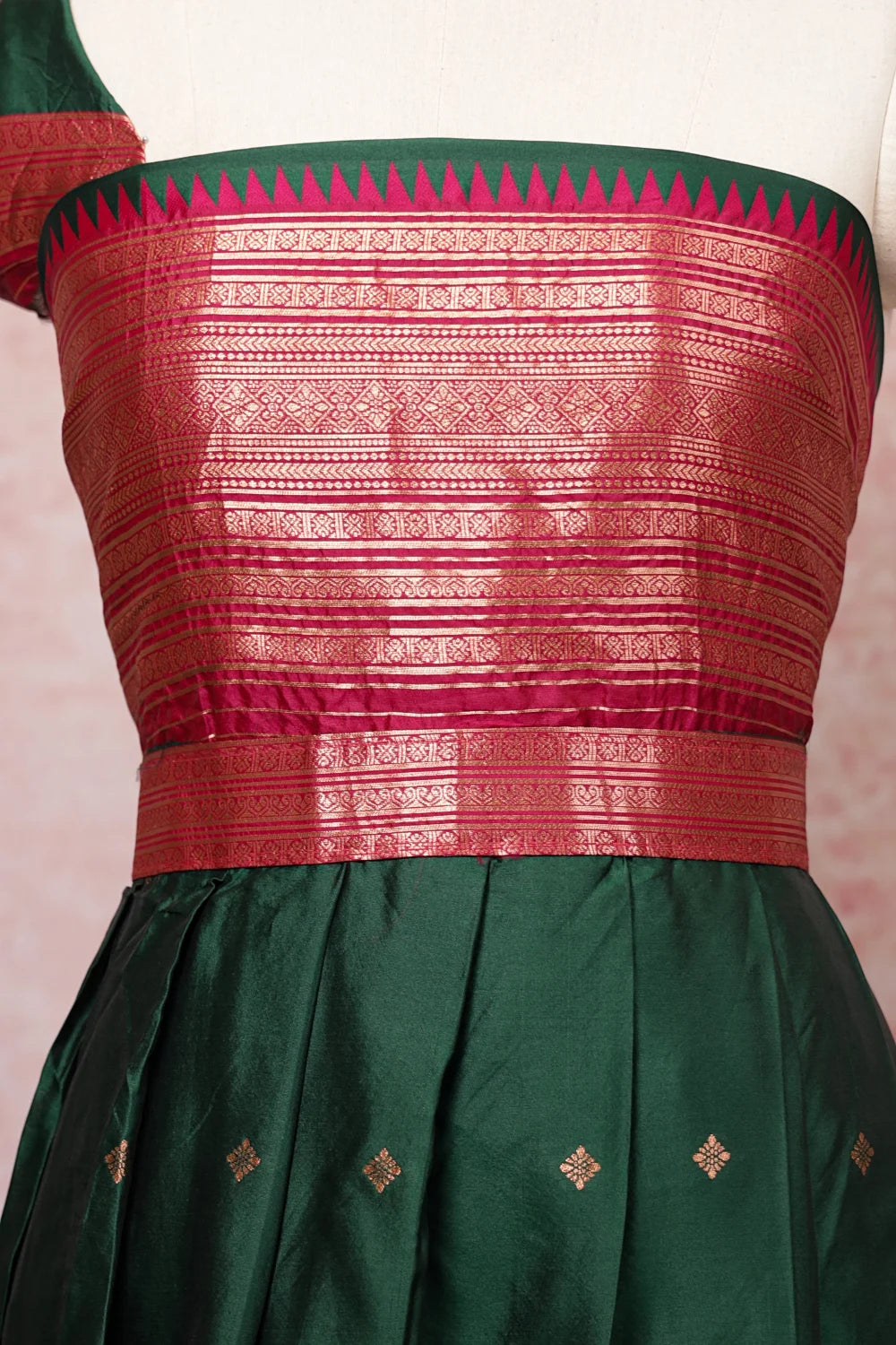 Bottle Green And Pink Semi Silk Dhavani Set