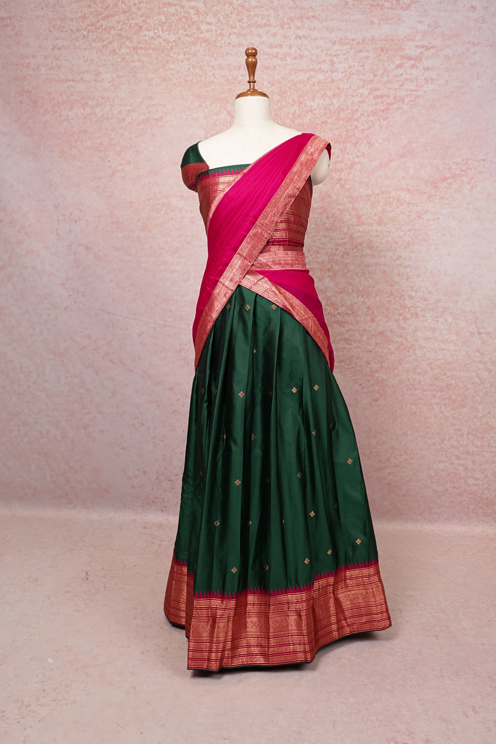 Bottle Green And Pink Semi Silk Dhavani Set