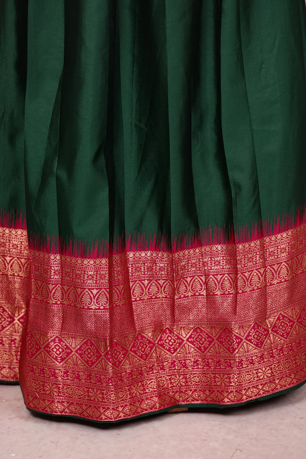 Bottle Green And Pink Semi Silk Dhavani Set
