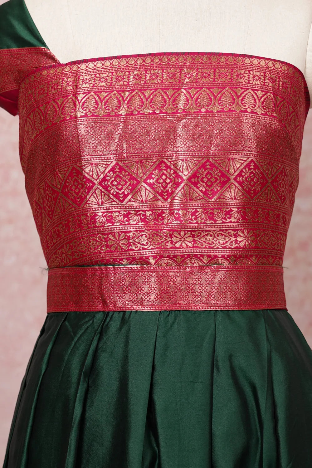 Bottle Green And Pink Semi Silk Dhavani Set