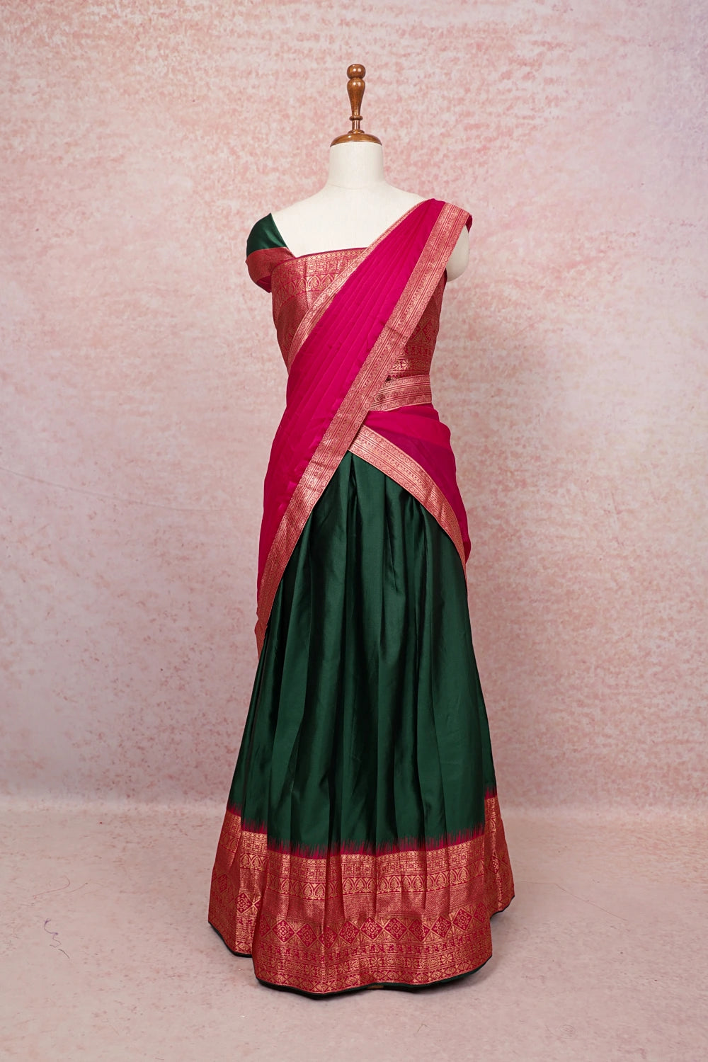 Bottle Green And Pink Semi Silk Dhavani Set
