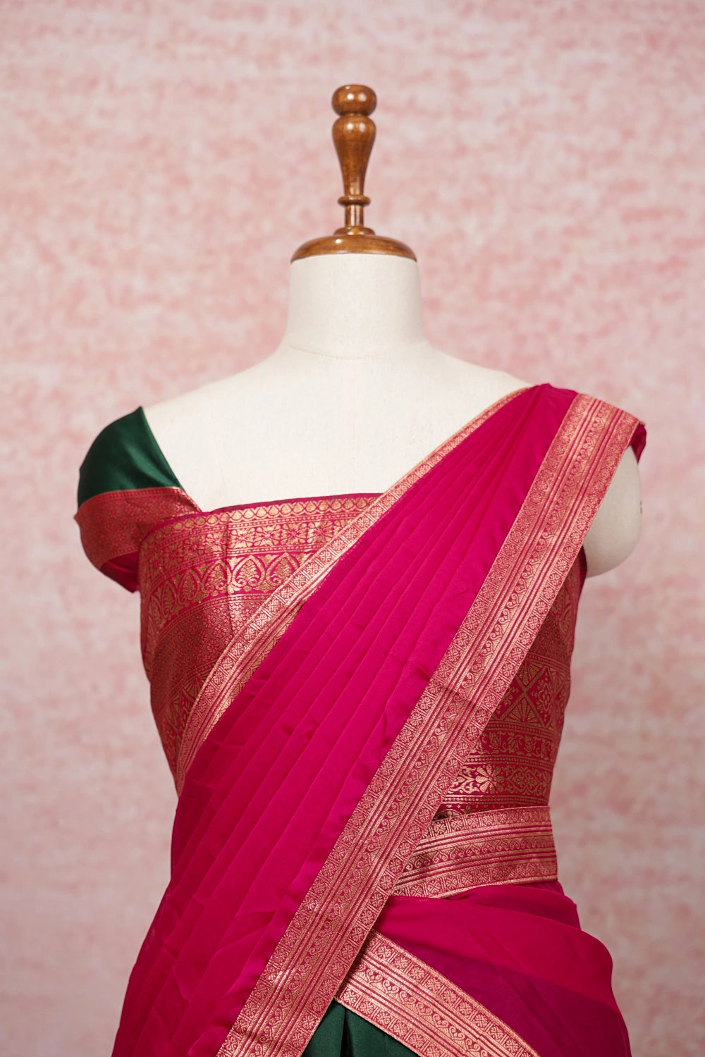 Bottle Green And Pink Semi Silk Dhavani Set